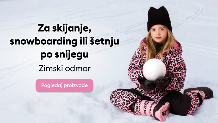 Neka te ponese zimsko ludilo! Natpis poziva na uživanje u zimskom odmoru i nudi opciju za pregled proizvoda. Prikazano drveno sanke i planinski pejzaž s puno snijega u pozadini naglašavaju zimsku atmosferu.