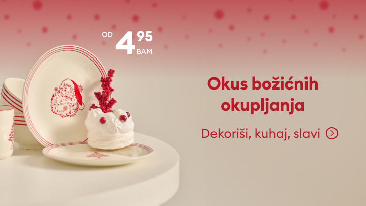 Božićni tanjiri i dekoracije uz dessert sa crvenim detaljima predstavljaju atmosferu prazničnog okupljanja. Poruka poziva na dekorisanje, kuhanje i slavlje, dok sugerira cijenu od 4,95 BAM. banner