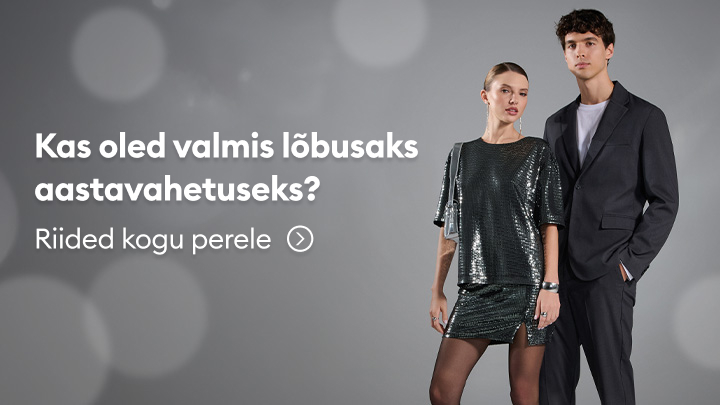 Kas oled valmis lõbusaks aastavahetuseks? Reklaam kutsub valima riideid kogu perele, et tähistada uut aastat stiilselt. Nähtavad on modellid pidulikes rõivastes ning julgustus tutvuda pakkumistega. banner