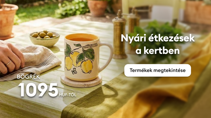 Nyári kerti étkezéshez kínált bögrék és kiegészítők bemutatása, kedvező áron elérhető termékekkel, vásárlásra ösztönözve.
