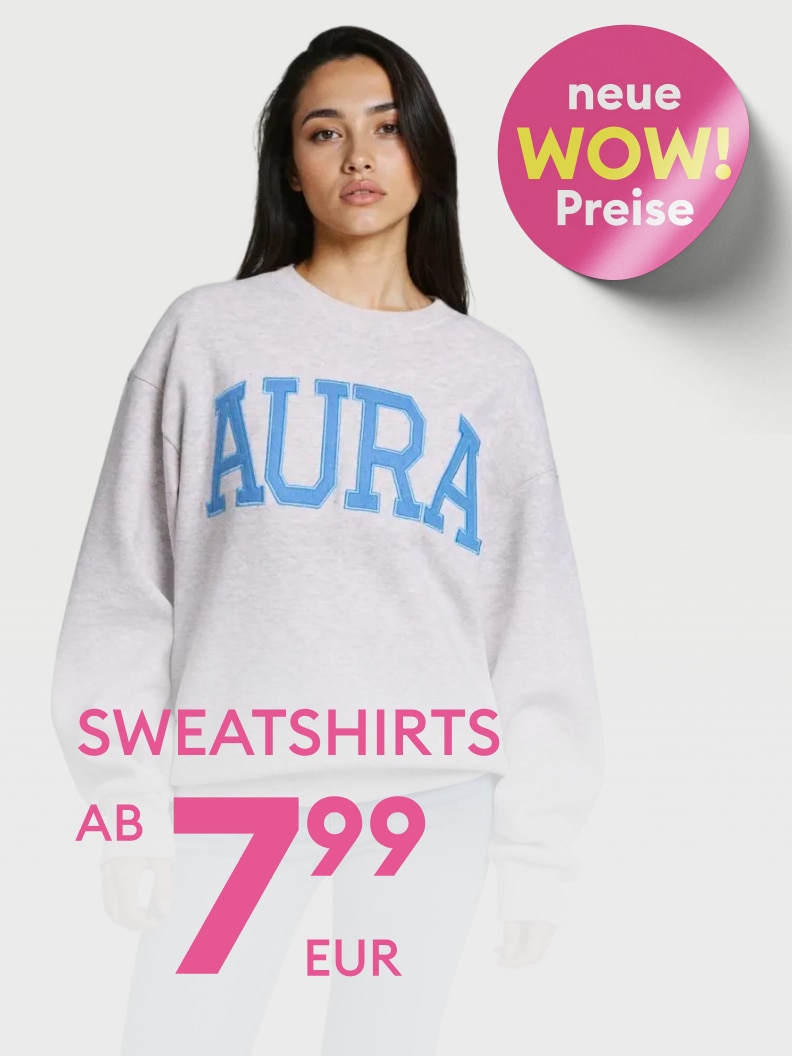 Werbung für Sweatshirts mit Sonderangebot und neuen, stark reduzierten Preisen.