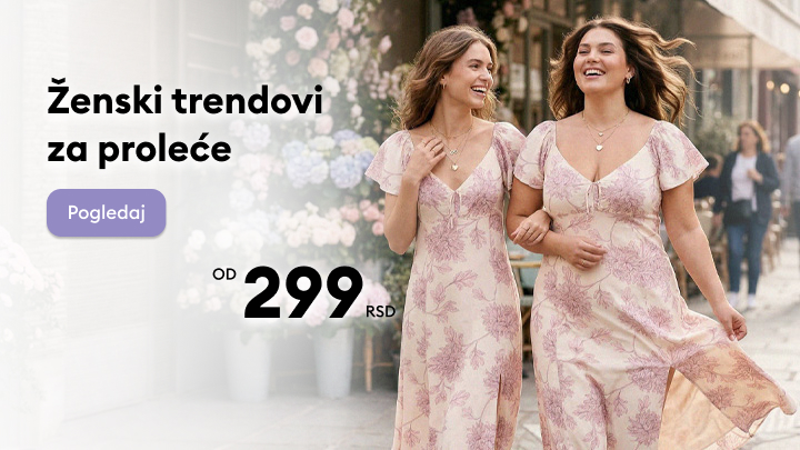 Promocija ženskih modnih trendova za proleće, ističe ponudu modernih haljina i poziva na pregled i kupovinu po povoljnoj početnoj ceni.