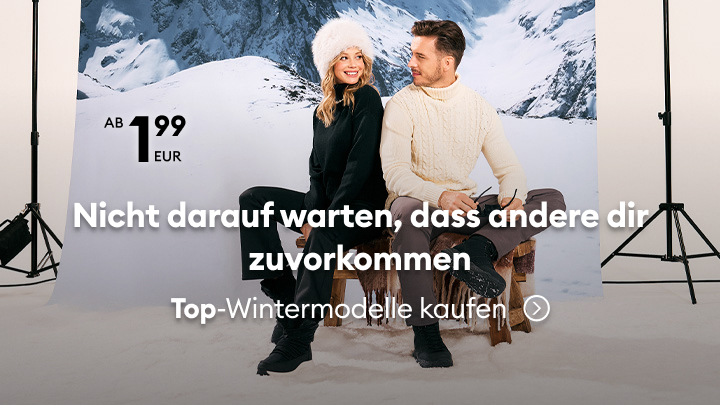 Wintermode ab 1,99 EUR. Text: „Nicht darauf warten, dass andere dir zuvorkommen. Top-Wintermodelle kaufen.“ Werbung für Winterkleidung mit Fokus auf warmen, stilvollen Modellen. Aufruf, die besten Angebote nicht zu verpassen.