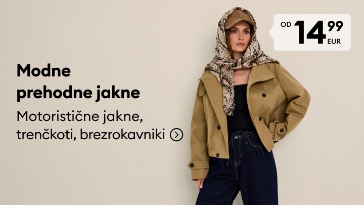 Promocija modnih prehodnih jaken za ženske, vključno z motorističnimi jaknami, trenčkoti in brezrokavniki po znižani ceni