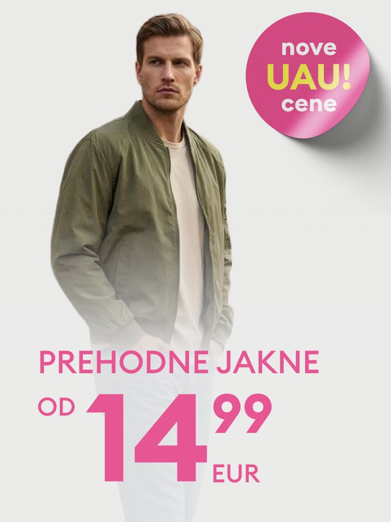 Promocija prehodnih jaken z novo znižano ceno od 14,99 EUR.