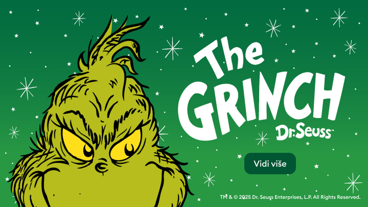 Lik z poznate priče Dr. Seussa, Grinch, koji je poznat po tome da želi ukrasti Božić. Tekst „The Grinch“ istaknut je velikim bijelim slovima, a ispod piše ime autora. Dostupan je link „Vidi više“ za dodatne informacije o priči ili liku. banner