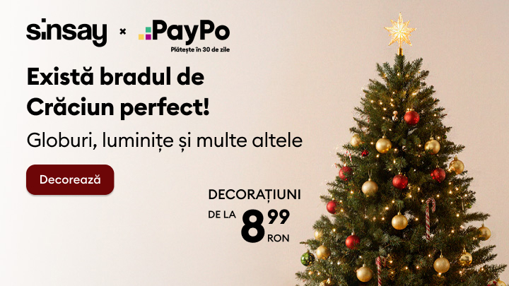 Descoperă bradul de Crăciun perfect cu globuri, luminițe și multe alte decorațiuni disponibile la Sinsay. Prețurile pornesc de la 8.99 RON. Beneficiază de opțiunea PayPo pentru a plăti în 30 de zile. Apasă pe „Decorează” pentru a afla mai multe. banner
