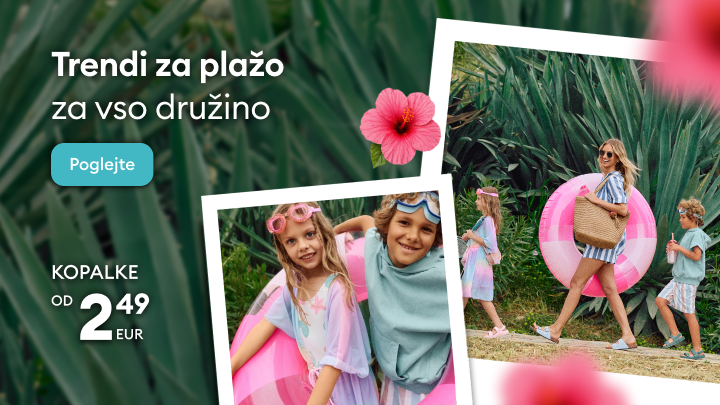 Promocija poletnih oblačil za na plažo za vso družino, s poudarkom na cenovno dostopnih kopalkah in navdihu za družinski dopust.