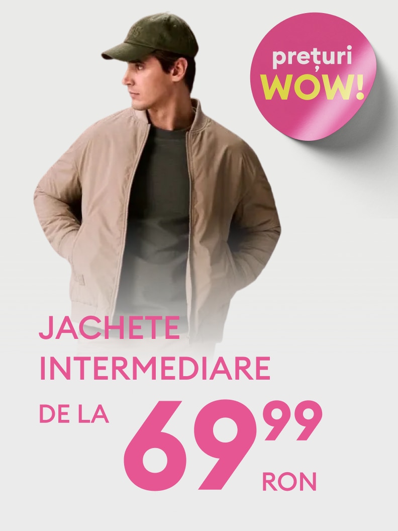 Promovare pentru jachete intermediare pentru bărbați, subliniind o ofertă avantajoasă și un preț redus pentru cumpărături sezoniere.