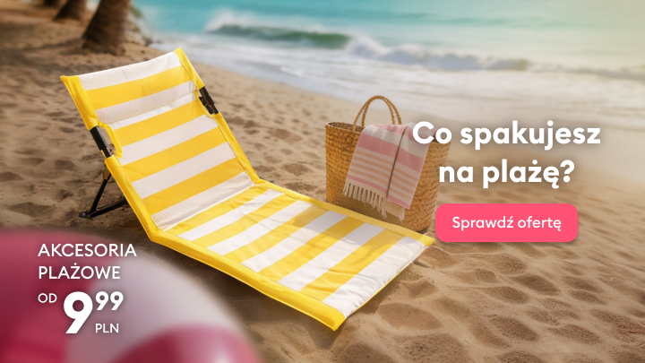 Promocja akcesoriów plażowych zachęcająca do przygotowania się na plażę i sprawdzenia aktualnej oferty w atrakcyjnej cenie.