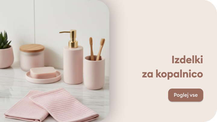 Izdelki za kopalnico: elegantni in praktični dodatki, vključno z milnikom, držalom za ščetke, škatlo za shranjevanje, milnikom in krpami. Na voljo za ogled vseh izdelkov prek gumba.