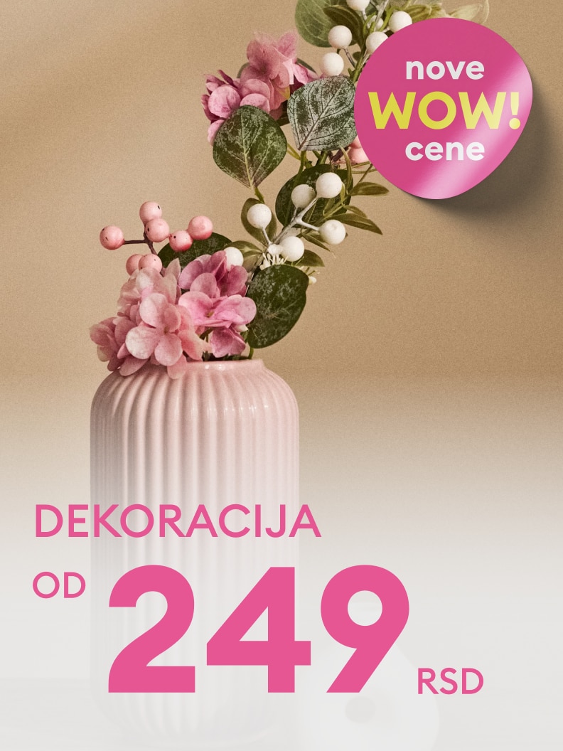 Promotivna poruka o ponudi dekorativnih proizvoda za dom po sniženoj ceni, ističući povoljnu kupovinu i novu akcijsku ponudu.