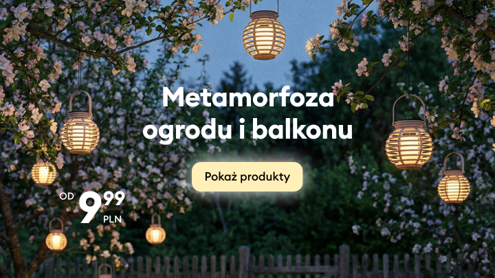 Baner promocyjny zachęcający do zakupu produktów do metamorfozy ogrodu i balkonu, podkreślający nastrojowe oświetlenie i dodatki do aranżacji przestrzeni zewnętrznej.