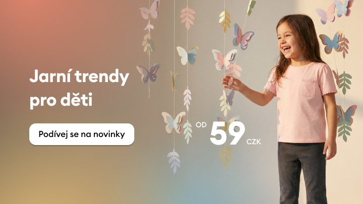 Propagační banner představující jarní módní kolekci pro děti a vyzývající k prohlédnutí novinek s dostupnou cenou.