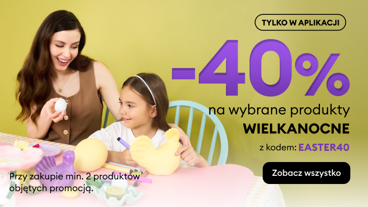 Grafika promocyjna informująca o rabacie 40% na wybrane produkty wielkanocne, dostępna w aplikacji, z kodem EASTER40 przy zakupie minimum dwóch produktów.