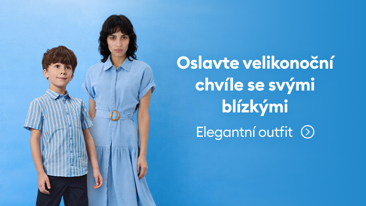Reklamní banner propagující elegantní oblečení pro rodinné velikonoční oslavy pro dospělé a děti.