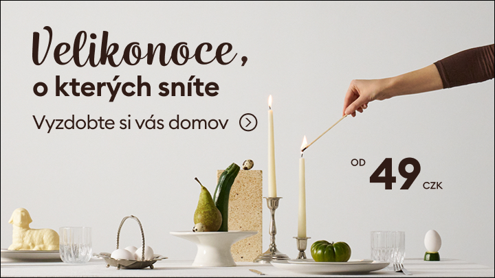 Propagační banner vyzývající k výzdobě domova na Velikonoce a představující nabídku velikonočních dekorací se slevovou cenou.