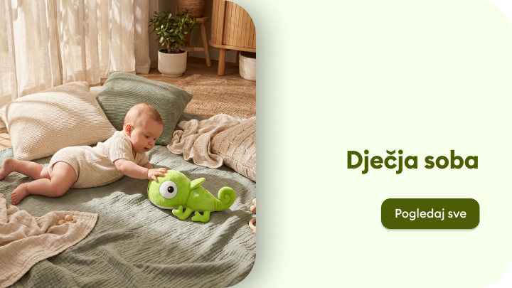 Promotivni sadržaj koji usmjerava na ponudu opreme i dodataka za dječju sobu, naglašavajući sigurno i ugodno okruženje za igru i odmor beba.