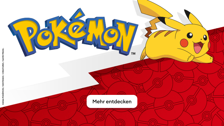 „Offizielle Pokémon-Grafik mit Pikachu auf rotem Hintergrund und dem Schriftzug ’Pokémon‘. Ein Button lädt dazu ein, weitere Inhalte zu entdecken. Perfekt für Fans der Pokémon-Welt.“