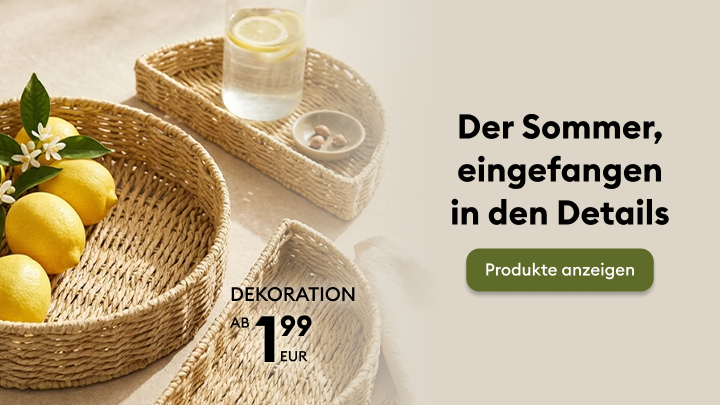 Werbebanner für sommerliche Dekorationsartikel, der eine leichte Sommerstimmung vermittelt und auf einen günstigen Einstiegspreis sowie den direkten Zugang zur Produktübersicht hinweist.
