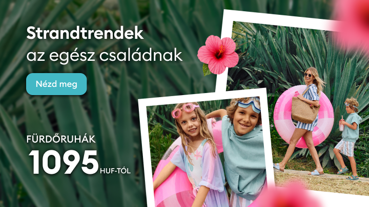 Nyári ruházati kollekció családok számára, könnyed és vidám stílus bemutatásával, a szezonális kínálat felfedezésére és vásárlásra ösztönöz.