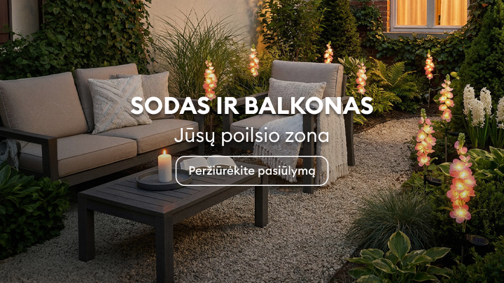 Skatina įsirengti sodo ar balkono poilsio zoną ir kviečia peržiūrėti siūlomus sprendimus.
