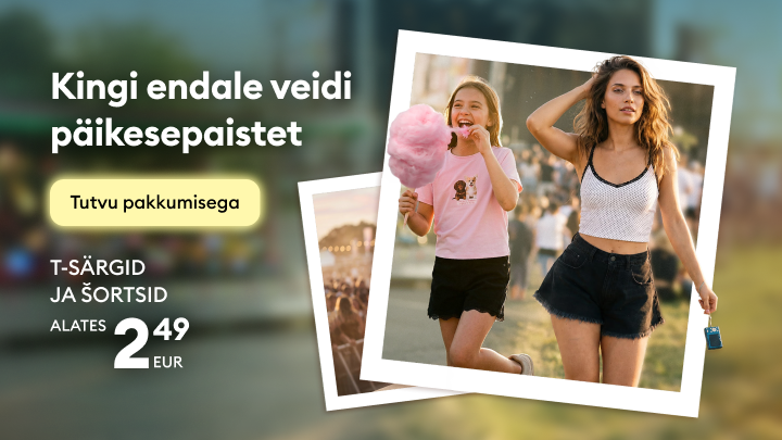 Reklaam suvise pakkumise kohta, mis kutsub tutvuma soodsate T-särkide ja lühikeste pükstega igapäevaseks kandmiseks, hinnad alates 2,49 eurost.