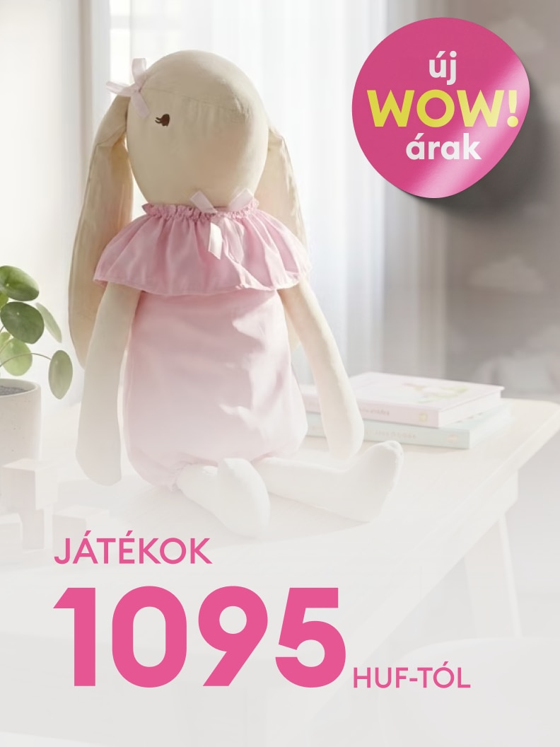 Játékakciót hirdető promóció, plüss nyuszival szemléltetve, amely kedvezményes játékárakat kommunikál, már 1095 forinttól.