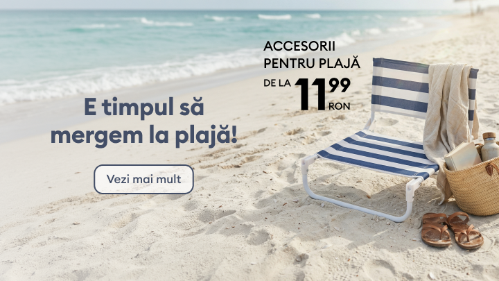 Promoție pentru accesorii de plajă, cu prețuri de la 11,99 RON, care invită utilizatorul să descopere oferta și să afle mai multe.