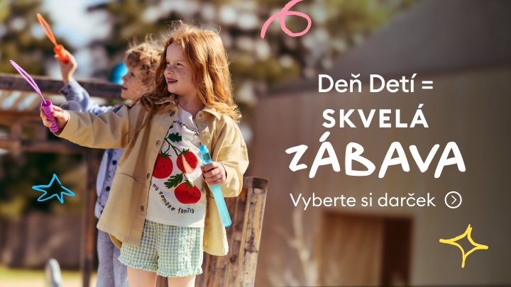 Propagačný banner k Dňu detí, ktorý komunikuje radosť a hravú zábavu a vyzýva vybrať darček pre deti.
