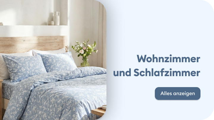 Werbebanner zur Inspiration und zum Entdecken von Produkten für Wohn- und Schlafzimmer.