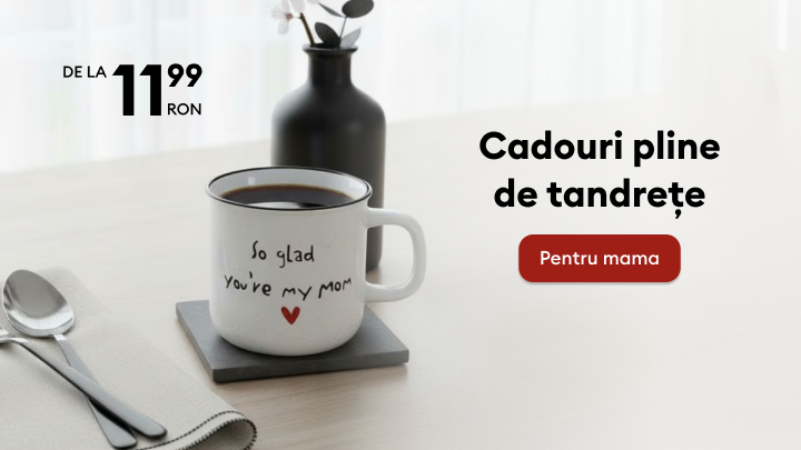 Promovare de cadouri pline de tandrețe pentru mamă, sugerând o cană ca idee de cadou accesibilă pentru a-ți exprima aprecierea.