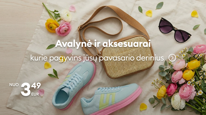Pavasario avalynės ir aksesuarų pasiūlymas, skatinantis atnaujinti derinius; informuojama, kad kainos prasideda nuo 3,49 EUR.