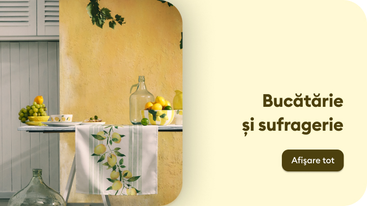 Promovează categoria de produse pentru bucătărie și sufragerie, sugerând articole pentru servire, organizare și decor destinate mesei și spațiului de luat masa.