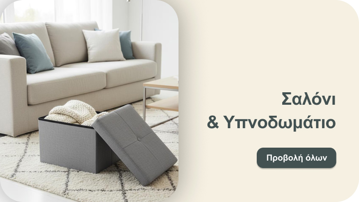 Εικόνα που προβάλλει προϊόντα για το σαλόνι και το υπνοδωμάτιο. Γκρι κουτί αποθήκευσης με καπάκι σε ανοιχτό χώρο δίπλα σε καναπέ. Δίπλα αναγράφεται "Σαλόνι & Υπνοδωμάτιο" με κουμπί για προβολή όλων των προϊόντων.