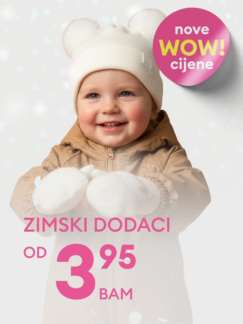 Ponuda zimskih dodataka po promotivnim cijenama. Cijene počinju od 3,95 BAM. Istaknuta kampanja naglašava povoljne WOW cijene za zimske artikle. Idealno za hladne dane uz pristupačne proizvode za djecu i odrasle.