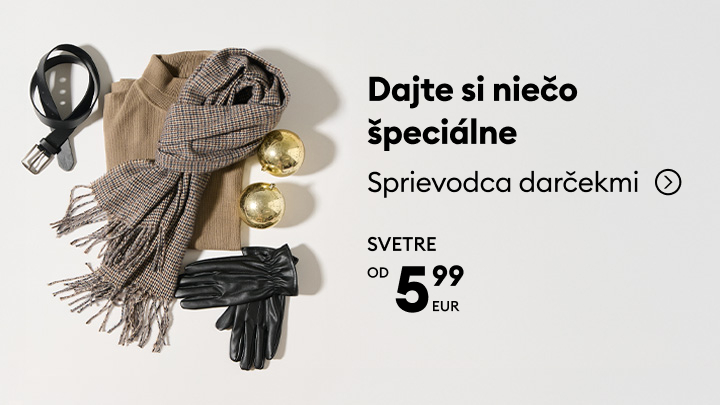 Darčekový sprievodca: Vyberte si niečo špeciálne. Svetríky už od 5,99 EUR. Skvelé nápady na darčeky, vrátane módnych doplnkov ako šály, rukavice a opasky, ktoré sa dokonale hodia na chladné dni. Objavte výhodné ponuky a potešte seba alebo svojich blízkych. banner