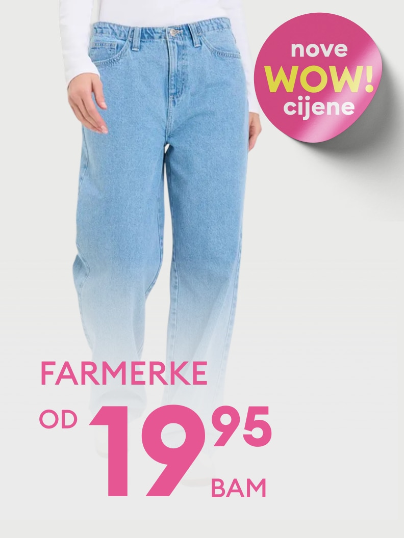 Promotivna ponuda farmerki s istaknutom sniženom cijenom, namijenjena informisanju korisnika o povoljnoj kupovini.