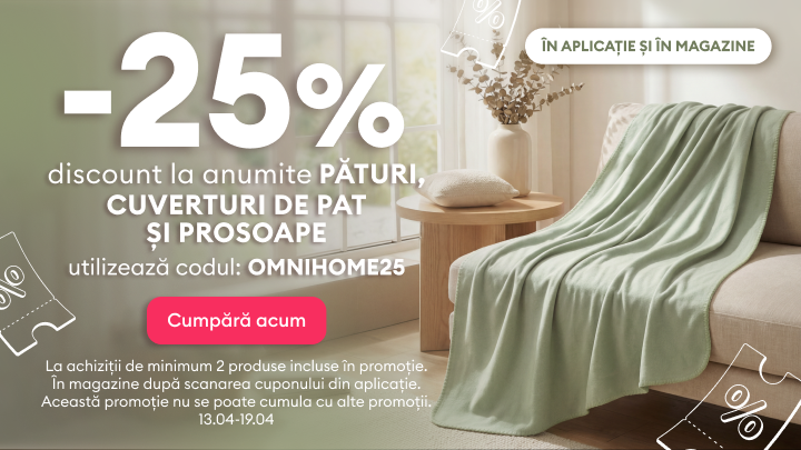 Promovare: reducere de 25% la anumite paturi, cuverturi de pat și prosoape, cu codul OMNIHOME25, valabil în aplicație și în magazine, la minimum 2 produse, în perioada 13–19.04.