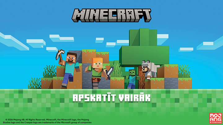 Minecraft spēles reklāmas vizuāls, kas iepazīstina ar spēles pasauli un varoņiem un mudina lietotāju uzzināt vairāk par spēli.