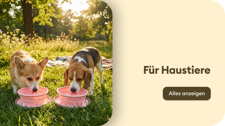 Bewerbung einer Kategorie für Haustierbedarf, die Fürsorge und Versorgung von Haustieren am Beispiel von Hunden vermittelt.