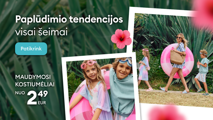 Reklaminis baneris apie vasaros paplūdimio tendencijas visai šeimai, kviečiantis peržiūrėti maudymosi kostiumėlius su pasiūlymais nuo 24,99 EUR.
