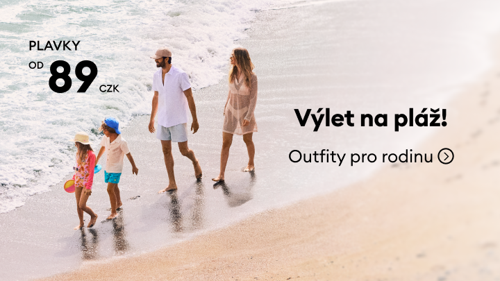 Reklamní sdělení propagující cenově dostupné plavky a sladěné outfity pro celou rodinu, vhodné na výlet k pláži.
