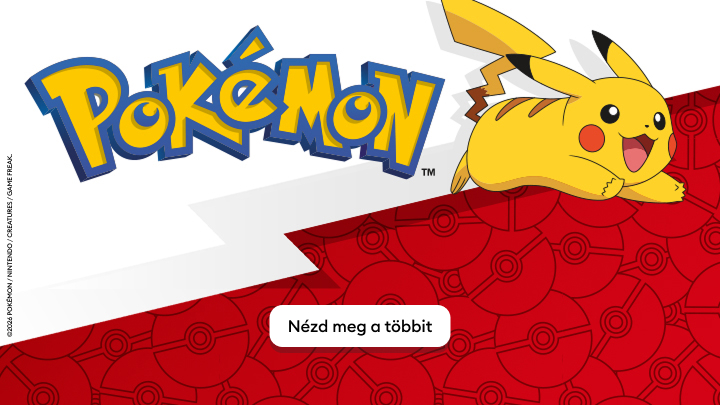 ALT: Pikachu mosolyogva ugrik elő egy piros háttér elé a Pokémon logó alatt. A képen egy gomb látható a „Nézd meg a többit” szöveggel, amely arra ösztönzi a felhasználókat, hogy felfedezzék a Pokémon világát és további tartalmakat találjanak.