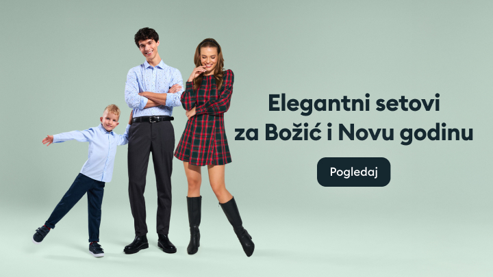 Elegantni setovi za Božić i Novu godinu. Porodica pozira u formalnoj odeći, uz poruku koja poziva na pregled ponude. Dugme ispod nudi opciju za dalji pregled.