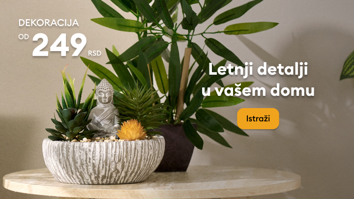 Promocija letnjih dekoracija za dom, naglašava inspiraciju za uređenje prostora i povoljnu ponudu dekorativnih predmeta.